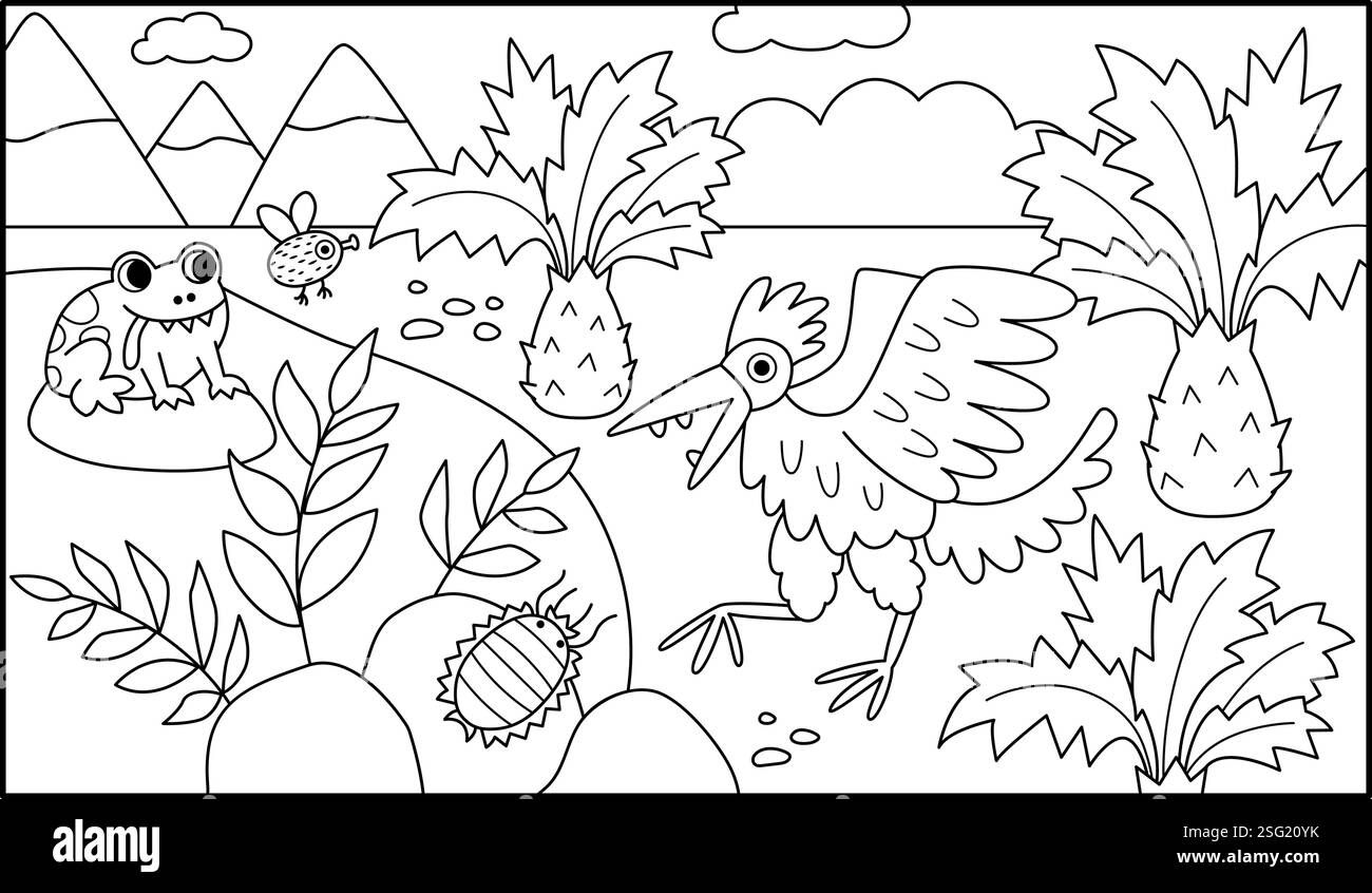 Vektor horizontale schwarz-weiße Szene mit alten Vogel Archäopteryx. Landschaftsdarstellung der Dinosaurier-Periode. Niedliche prähistorische Malseite wi Stock Vektor