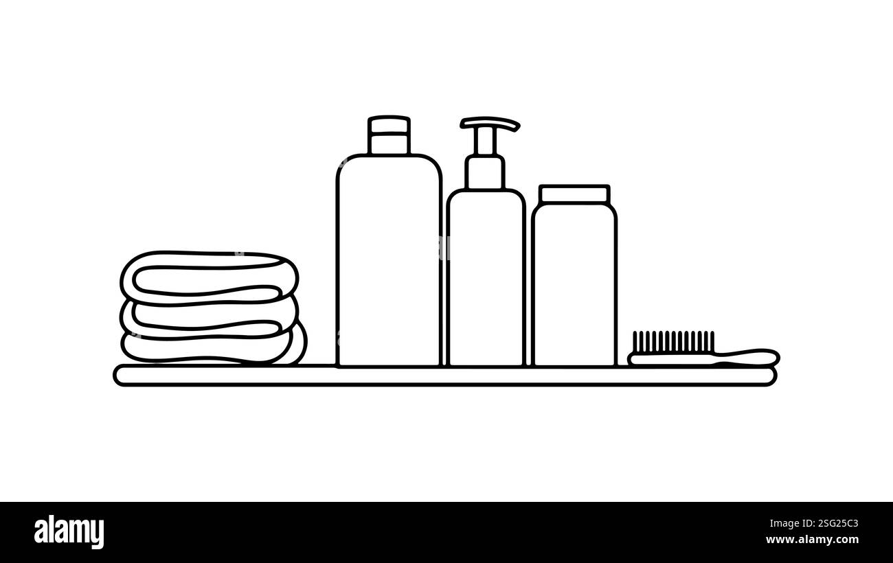 Ablage für Grundausstattung im Badezimmer. Flaschen, Handtücher, Haarbürste. Hotel, Spa, Salondesign. Einfache Strichgrafik, weißer Hintergrund, Draufsicht. Stock Vektor