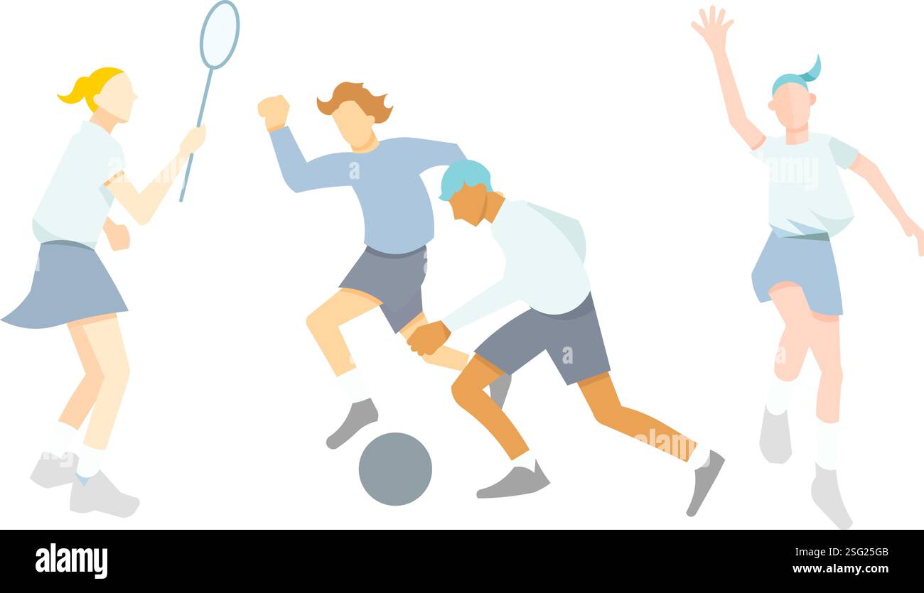 Vektorillustration der einfachen Linienzeichnung von Sportlern.-Tennis- und Basketball- und Fussballbahn I cons. Stock Vektor