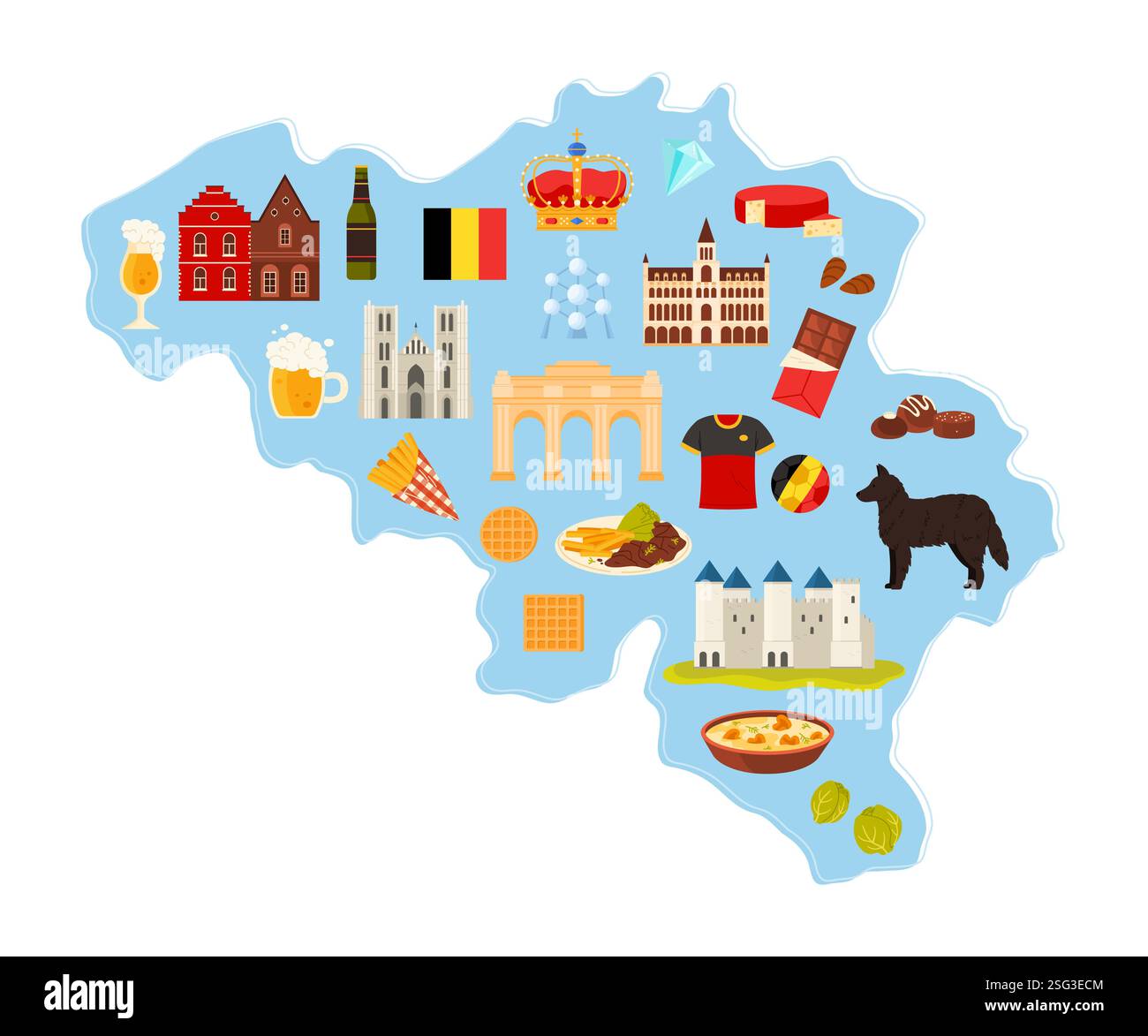 Reisen Sie nach Belgien Set, kulturelle Elemente und Sehenswürdigkeiten, belgische Küche in Infografik-Landkarte. Kathedrale und Big Market Square Gebäude, Gravensteen, Diamant und Käse Cartoon Vektor Illustration Stock Vektor