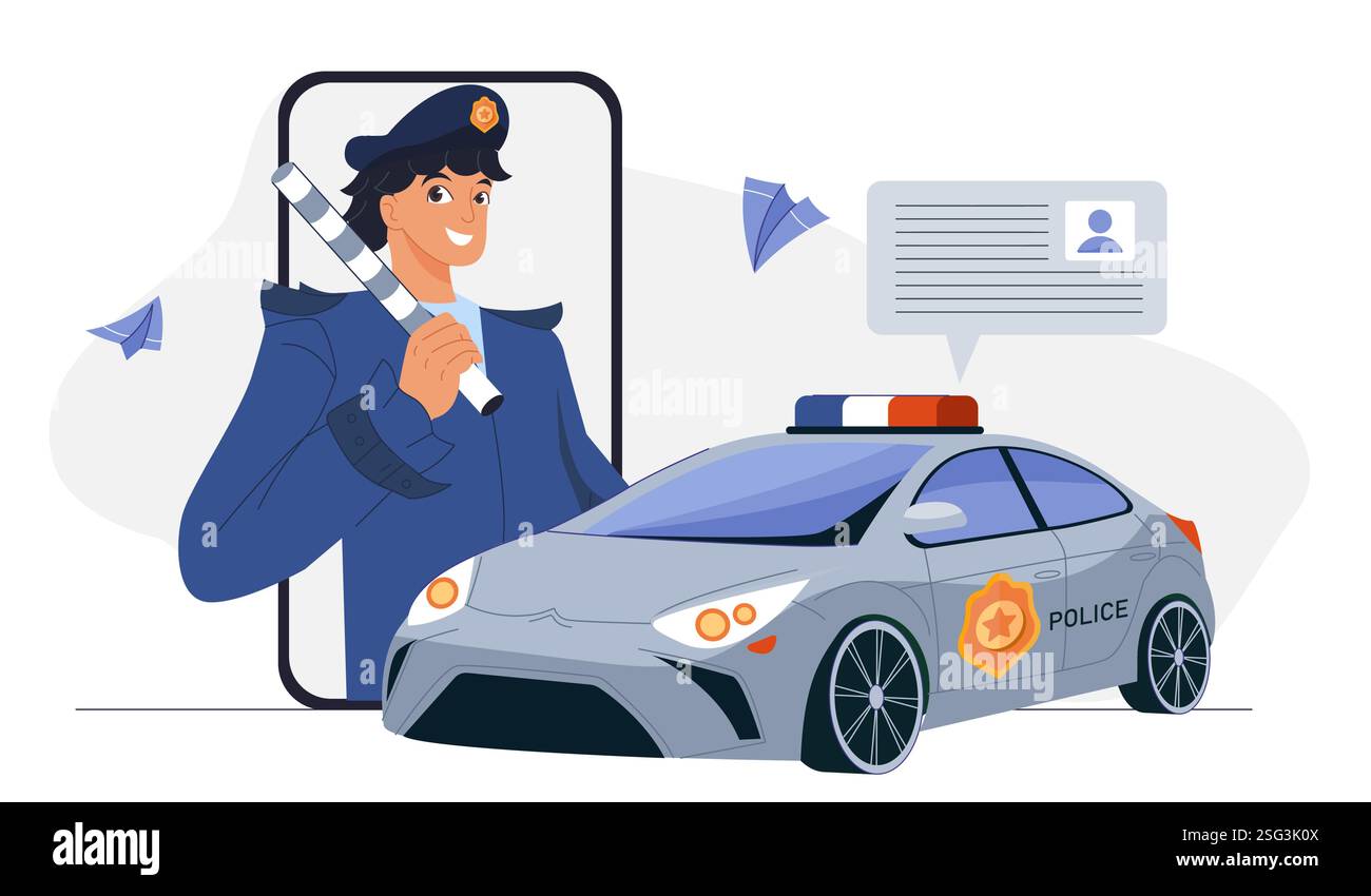 Polizist online. Frau in Polizeiuniform am Smartphone-Bildschirm in der Nähe des Polizeiautos. Cybersicherheit, Internetsicherheit. Beamter, der online ermittelt Stock Vektor