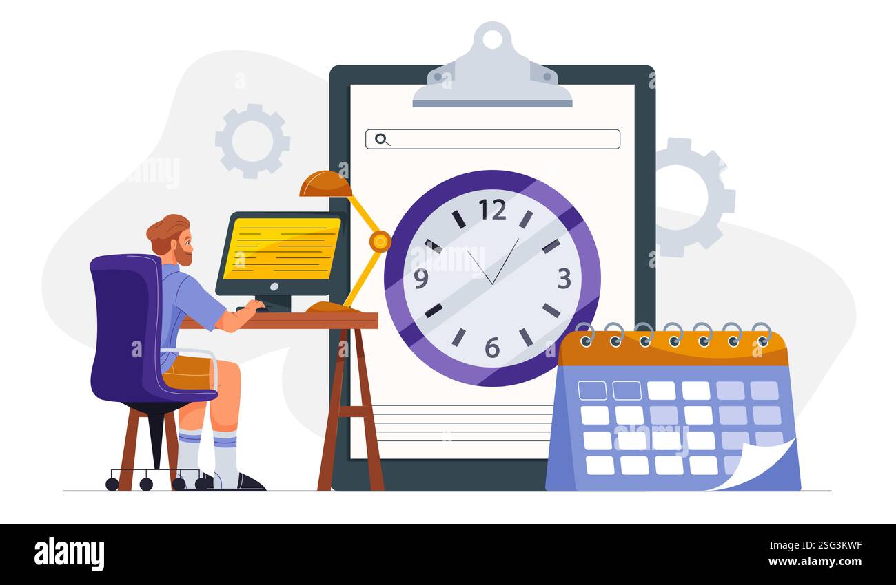 Projektmanager am Computer. Mann, der neben Kalender und Uhren sitzt. Planung und Planung. Zeitmanagement und Organisation eines effizienten Arbeitsprozesses Stock Vektor