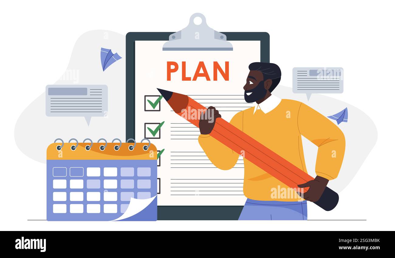 Projektmanager mit Bleistift. Der Mann legt neben den Kalender ein Häkchen. Planen und Festlegen von Zielen und Fristen. Zeitmanagement und Organisation von Stock Vektor