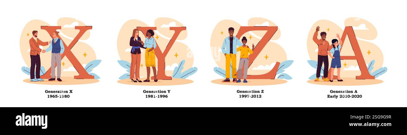 Das Konzept der Mitarbeitergenerationen. X-, y-, z- und Alpha-Generationen. Boomer, Zoomer und Untergang. Diverse Unterhaltung und Hobbys. Demografische Klassifizierung Stock Vektor