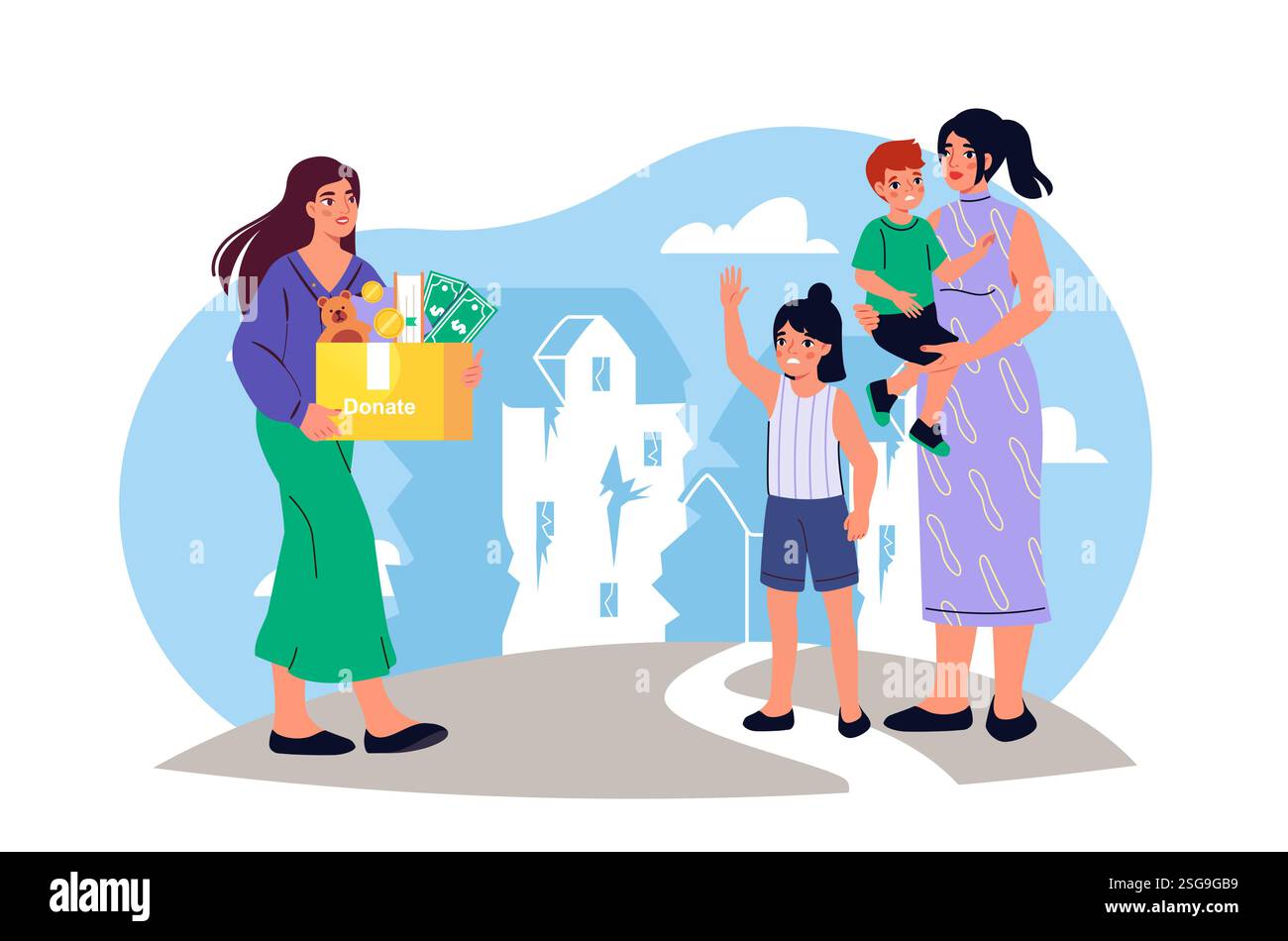 Die Familie leidet unter Hauszerstörung. Frau mit Kindern in der Nähe des zerstörten Gebäudes. Unfall und Naturkatastrophe, Katastrophe. Ausblenden und Kollision Stock Vektor
