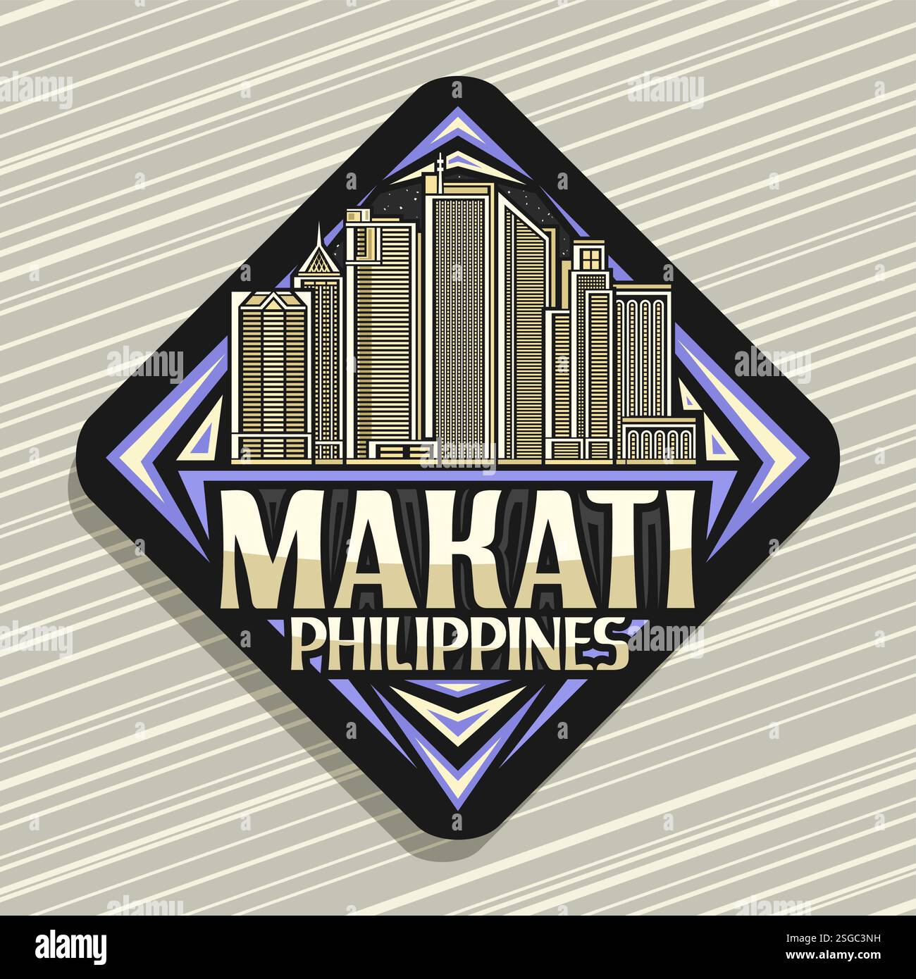Vektor-Logo für Makati, schwarzes dekoratives Rautenstrassenschild mit einfacher Illustration der abendmaati Stadtlandschaft, Kunstdesign Kühlschrankmagnet mit un Stock Vektor