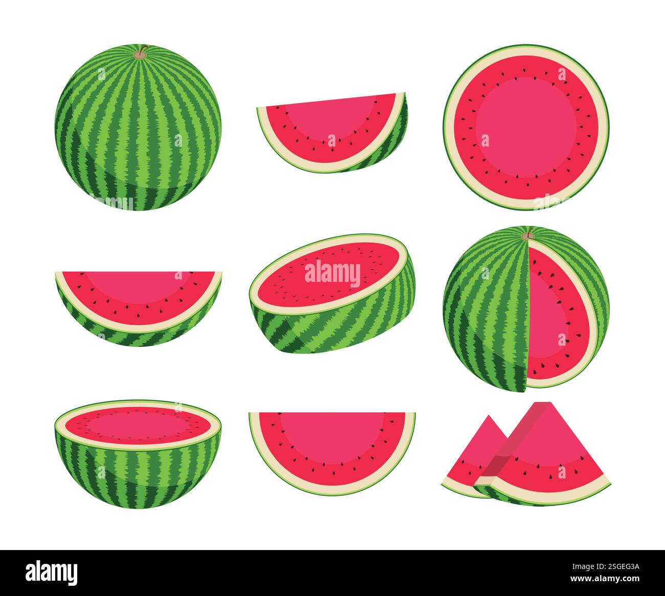 Clipart-Set mit Wassermelonen-Früchten. Wassermelone ganze und Schnitt Clip Art Elemente Sammlung in grüner und roter Farbe Vektor Illustration. Stock Vektor