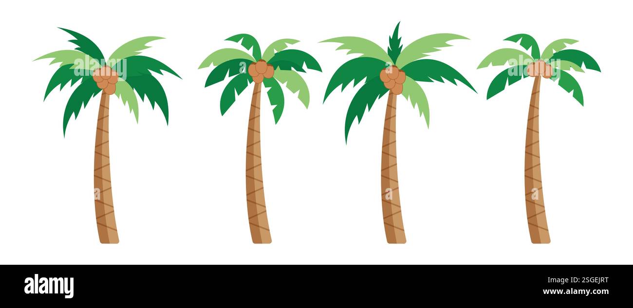 Clipart-Set für Palmen-Zeichnen. Kokosnuss tropische Sommer Clip Art mit grünen Blättern Natur Baum Elemente Sammlung Vektor Illustration. Stock Vektor