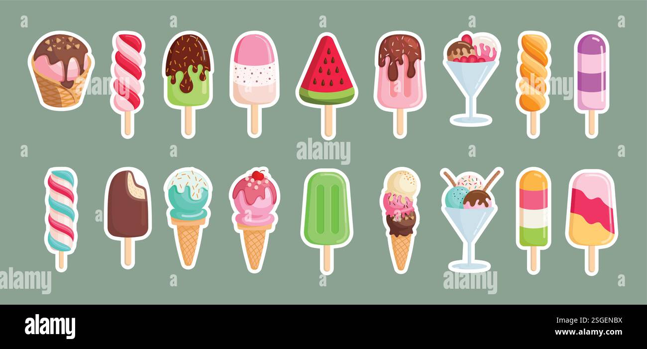Popsicle Bunte Zeichnung Clipart Set. Eis und Eis Sommer Icon Clip Art mit köstlichem und süßem Geschmack Vektor Illustration Dessert Stock Vektor