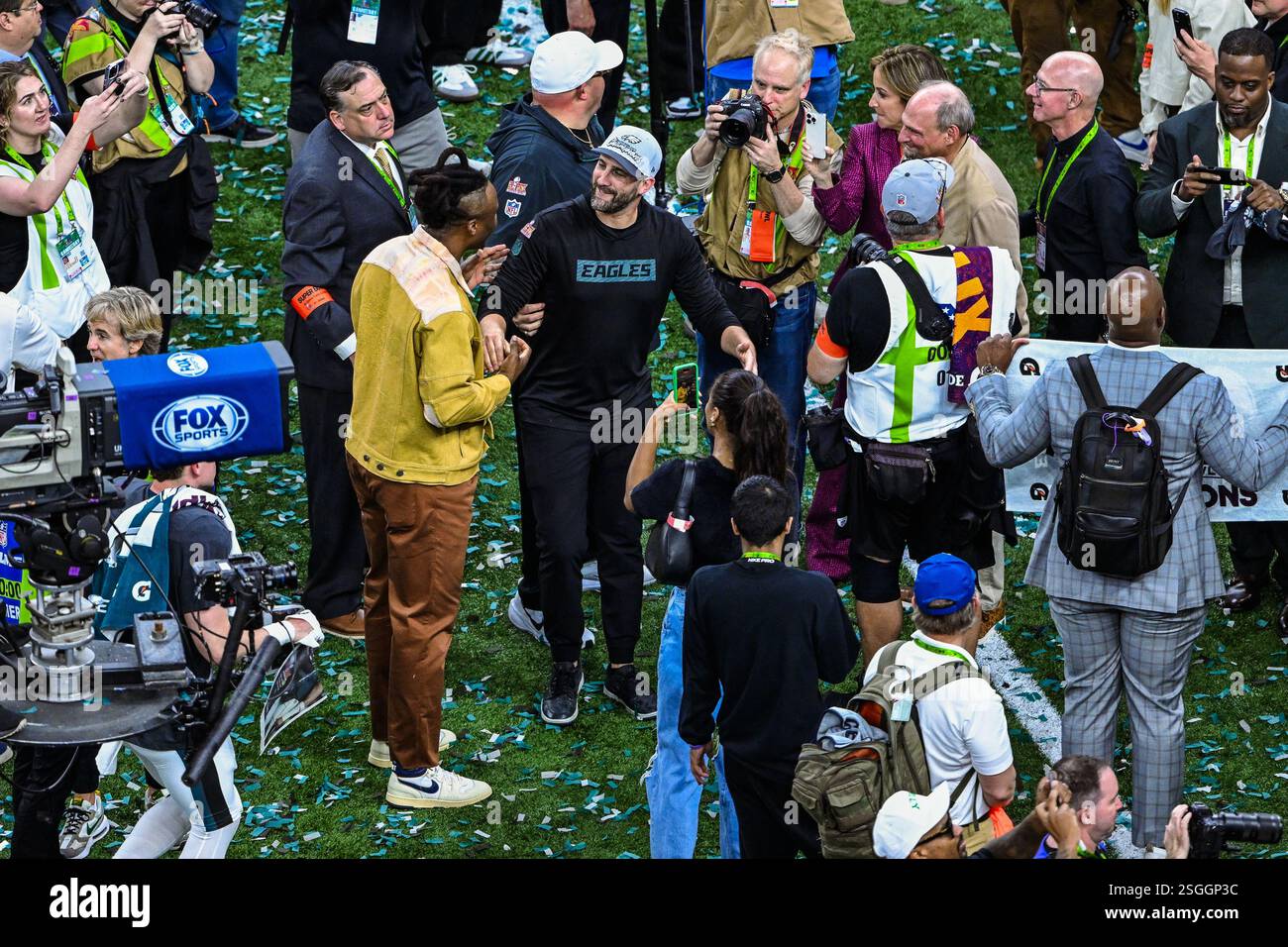 Philadelphia Eagles Head Coach Nick Sirianni feiert nach dem Sieg des Super Bowl LIX über die Kansas City Chiefs im Caesars Superdome, New Orleans. Bilddatum: Sonntag, 9. Februar 2025. Stockfoto