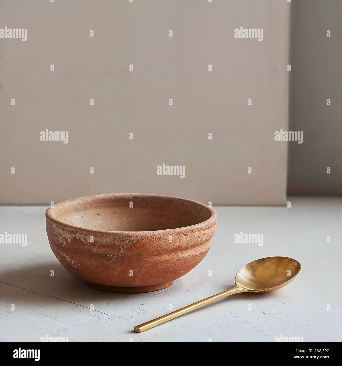 Minimalistisches handgefertigtes Keramikgeschirr und Schüsseln mit natürlichen ästhetischen, handgefertigten Keramikstücken Stockfoto