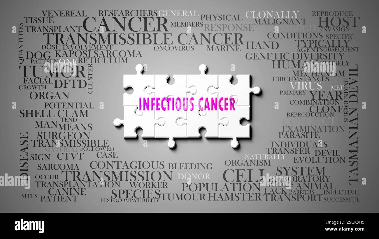Infektionskrebs als komplexes Thema, bezogen auf wichtige Themen, die sich als Wortwolke verbreiten. Stockfoto