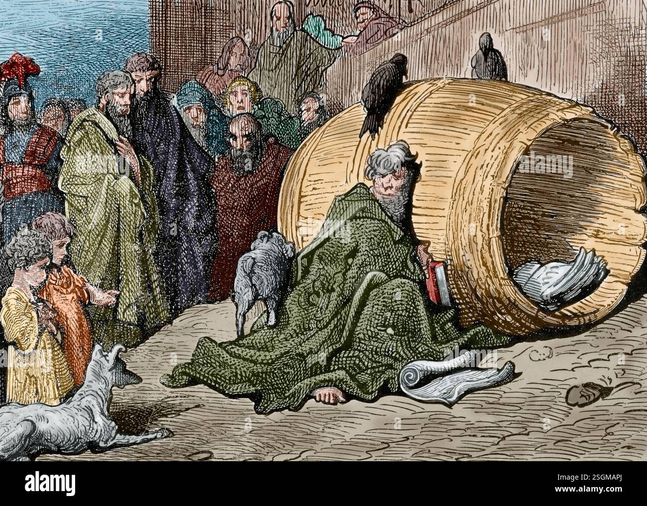 Diogenes (412-323 v. Chr.), griechischer Philosoph und einer der Begründer der zynischen Philosophie, in seinem Fass versteckt. Auch bekannt als Diogenes the Cynic. (Farbiger Schwarzweiß-Druck) Stockfoto