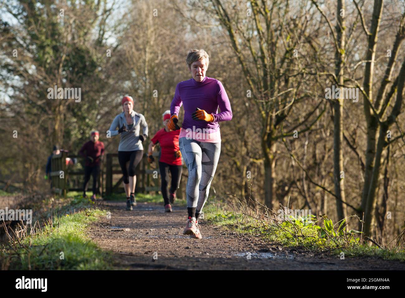 Eine Gruppe von Läufern joggen auf einem sonnigen Waldweg, der in Wintersportkleidung gekleidet ist und von blattlosen Bäumen gesäumt wird. Sale Water Park, Manchester, Großbritannien Stockfoto