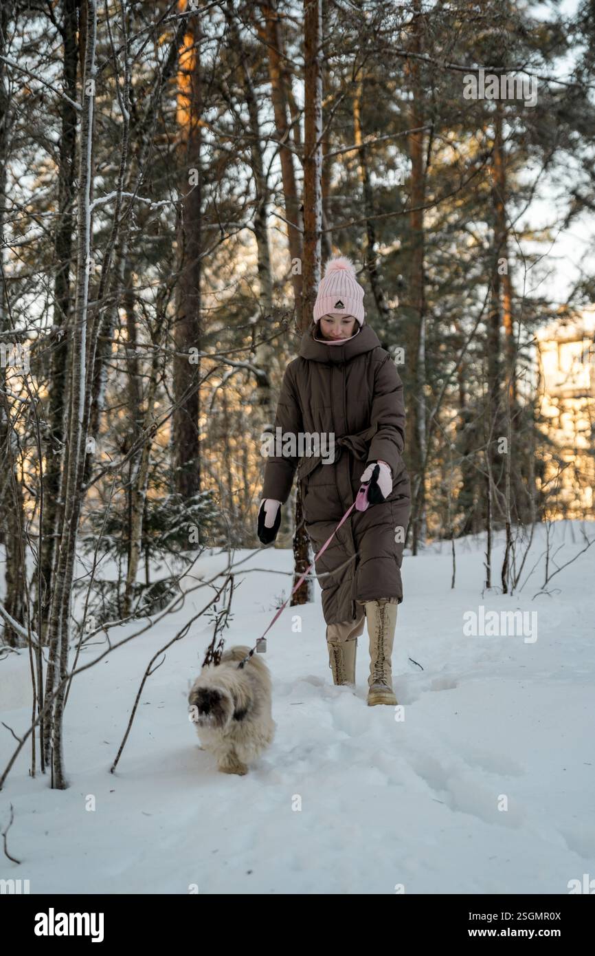 Frau, die mit Hund durch den verschneiten Wald in Oslo geht Stockfoto