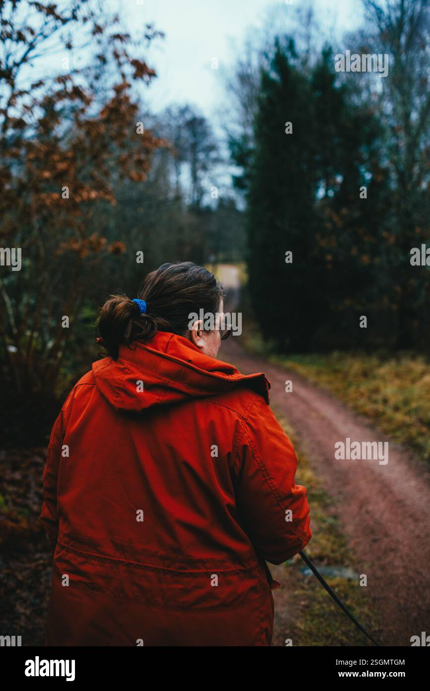Frau in roter Jacke, die auf einem von Winterbäumen umgebenen Feldweg läuft. Stockfoto