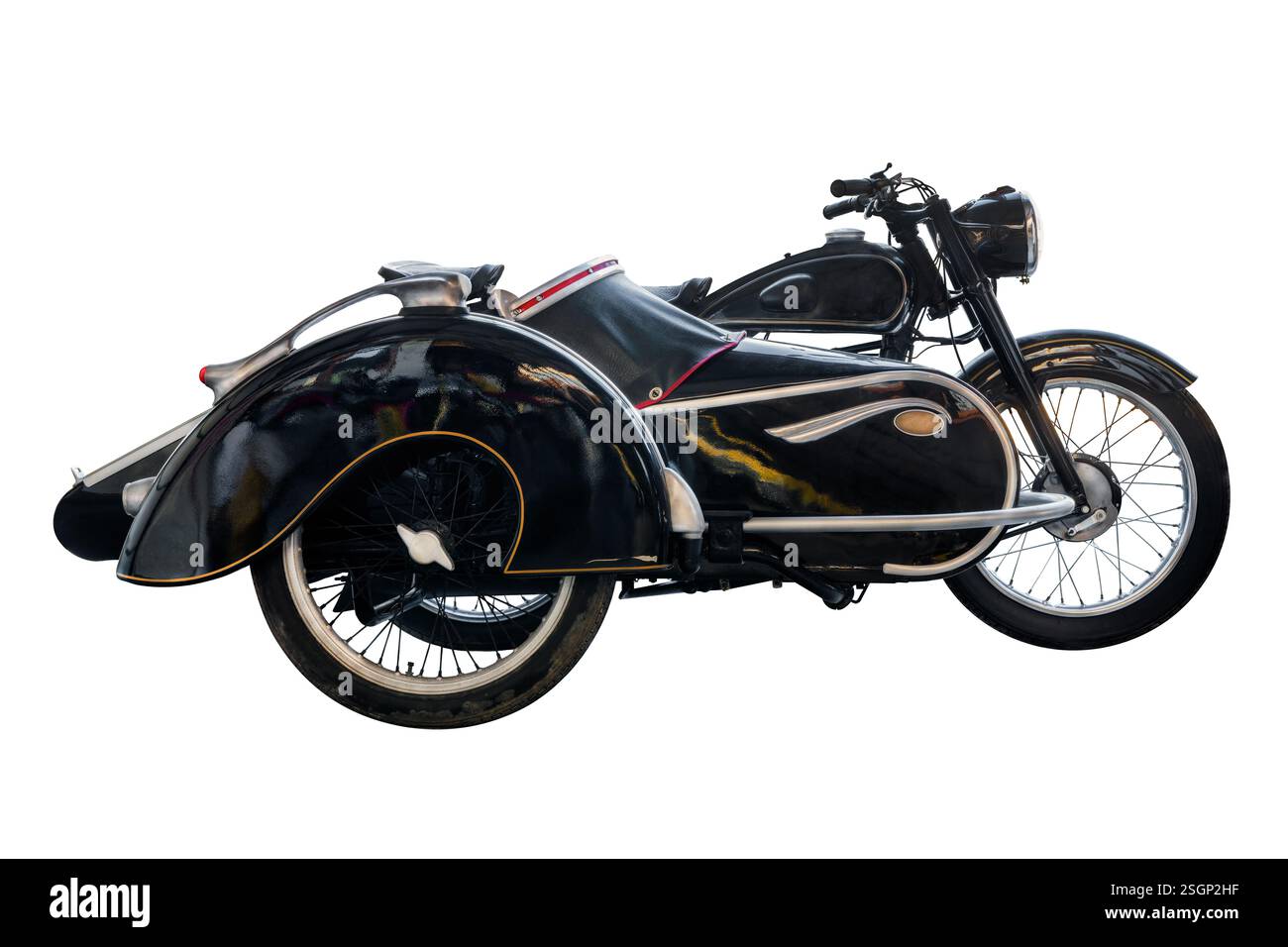Klassisches schwarzes englisches Seitenwagenmotorrad isoliert auf weißem Hintergrund Stockfoto
