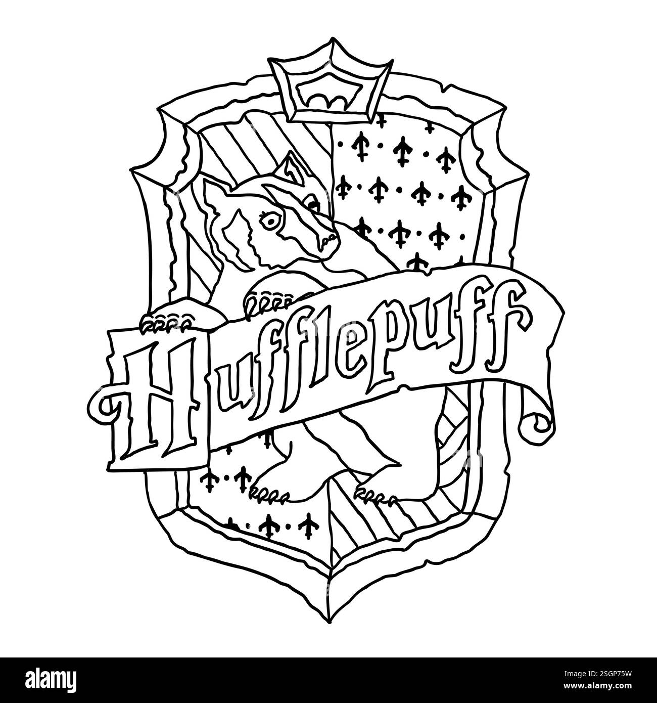 Harry Potter Hufflepuff-Logo im Outline-Doodle-Stil. Hogwarts Legacy-Spiel. Zauberschule für Hexerei und Zauberei. Vektordarstellung isoliert auf W Stock Vektor