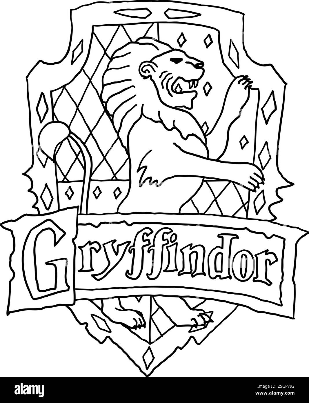 Harry Potter Gryffindor-Logo im Outline-Doodle-Stil. Hogwarts Legacy-Spiel. Zauberschule für Hexerei und Zauberei. Vektordarstellung isoliert auf W Stock Vektor