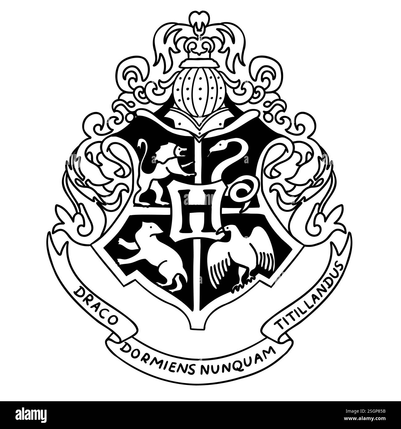 Harry Potter Hogwarts Emblem-Logo in schwarz-weißem Kritzelstil. Vektorillustration isoliert auf weißem Hintergrund. Stock Vektor