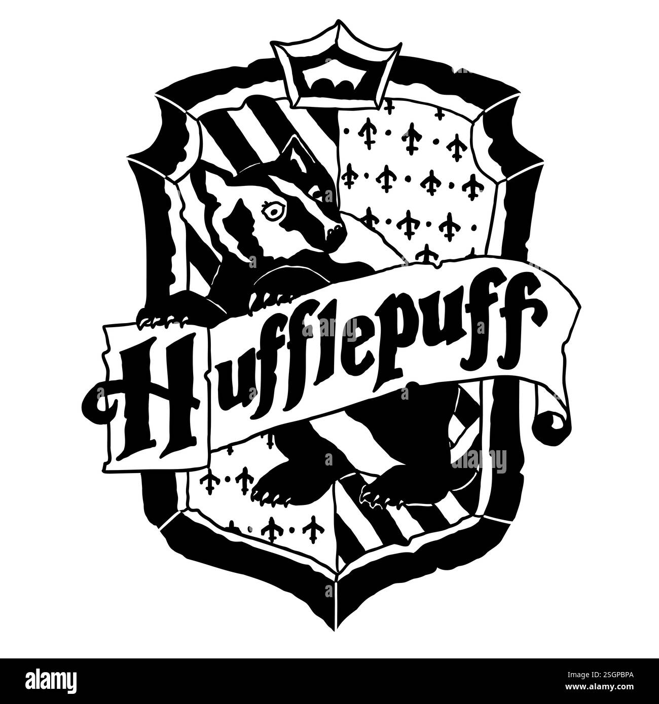 Harry Potter Hufflepuff-Logo im Outline-Doodle-Stil. Hogwarts Legacy-Spiel. Zauberschule für Hexerei und Zauberei. Vektordarstellung isoliert auf W Stock Vektor