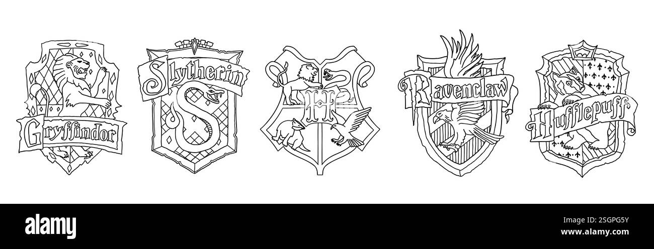 Harry Potter-Logo-Kollektion im Outline-Doodle-Stil. Gryffindor, Slytherin, Ravenclaw und Hufflepuff. Hogwarts Legacy-Spiel. Die Zauberschule des Hexenkräfts Stock Vektor