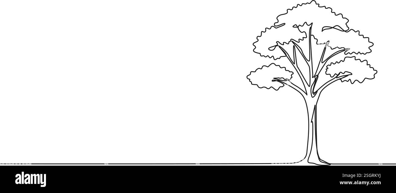 Durchgehende einzeilige Zeichnung eines breitblättrigen Baumes, Strichgrafik-Vektor-Illustration Stock Vektor