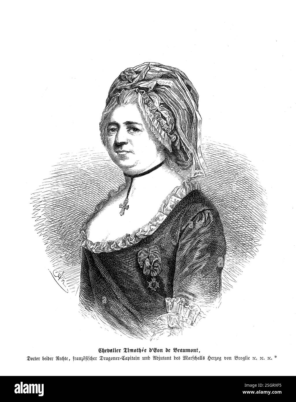 Charlotte (Charles) Genevieve Louise Auguste Andrée Timothée D'Eon DE BEAUMONT (1728-1810). Dieser Porträtstich verewigt Charlotte (Charles) D'Eon de Beaumont, eine bemerkenswerte historische Figur, die als Mann und Frau bekannt ist und Geschlechtsnormen herausfordert. Als französische Diplomatin, Soldat und Spionin bleibt ihr komplexes Erbe ein faszinierender Teil der Geschichte. Stockfoto