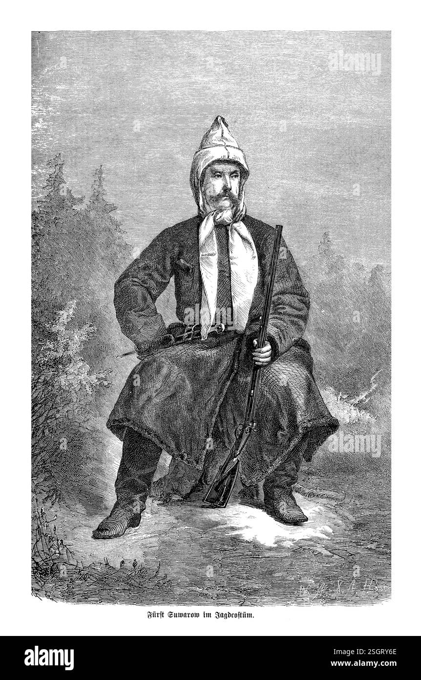 Alexander Arkadjewitsch Suworow ( 1804-1882), hier im Jagdkostüm, der legendäre russische General und Diplomat. Bekannt für sein militärisches Genie und seine Rolle in mehreren Schlüsselschlachten wird als einer der verehrtesten Militärführer Russlands gefeiert. Stockfoto