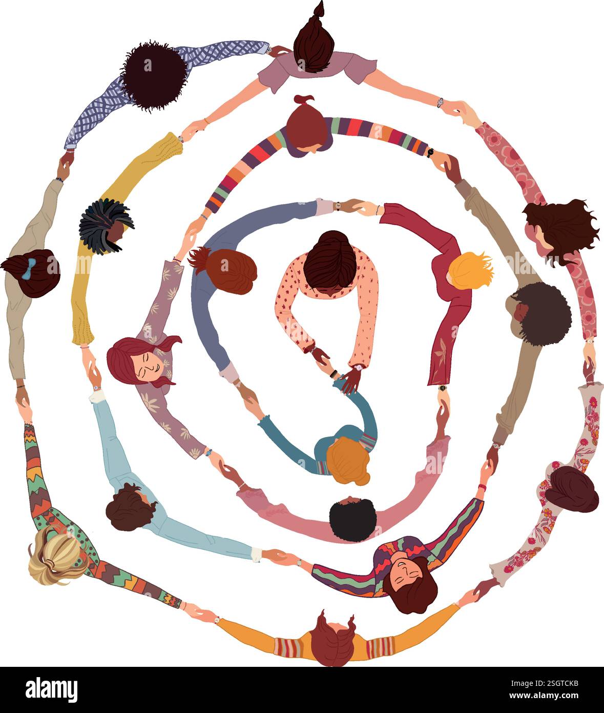 Isolierte Gruppe multikultureller Frauen im Kreis mit Händen. Internationaler Frauentag. Vielfalt - Inklusion - Gleichheit oder Empowerment. Kollegen Stock Vektor