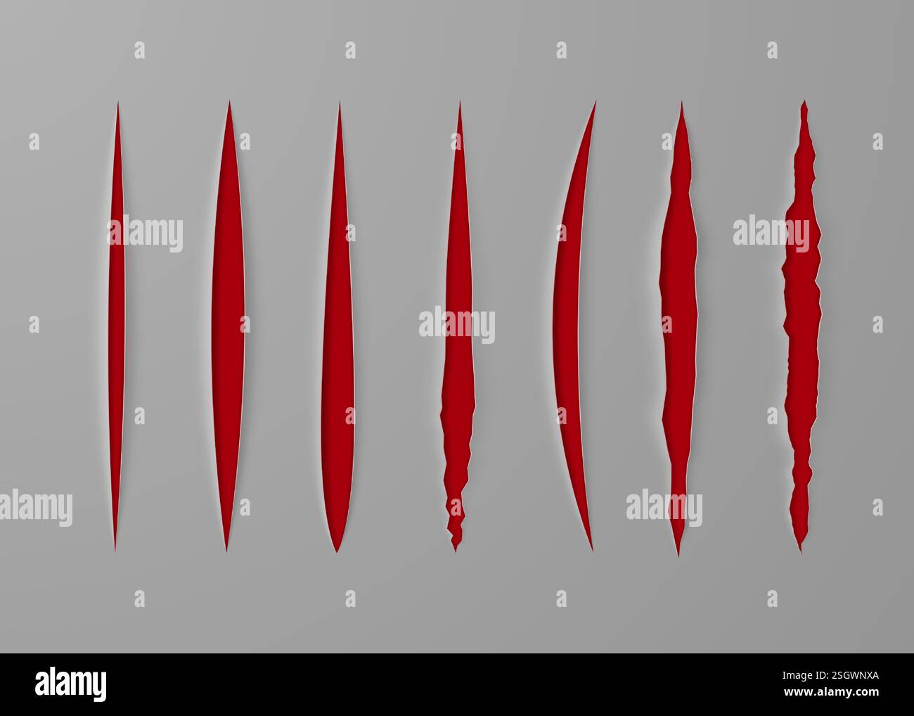 Realistisches Papier, geschnitten mit einem Schreibwarenmesser mit roter Innenseite. Vektor-3D-Illustration. Stock Vektor