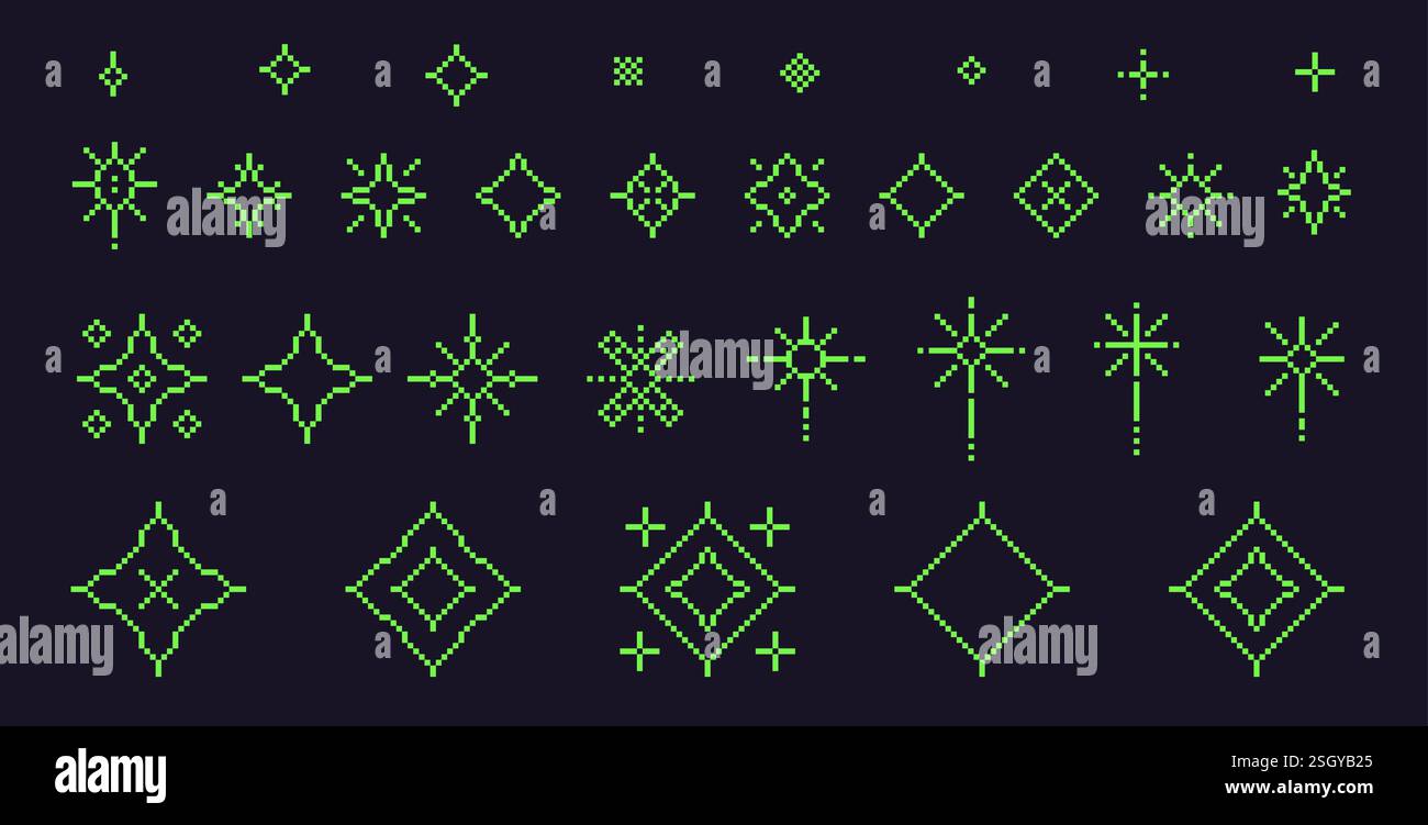 Pixel Art Stars. 8-Bit-Funkeln. Magische Feuerwerk-Symbole im Retro-Stil der 90er Jahre. Weihnachtsdekoration mit Glitzereffekt. Glitzernde y2k Schneeflocken. Vintage Par Stock Vektor