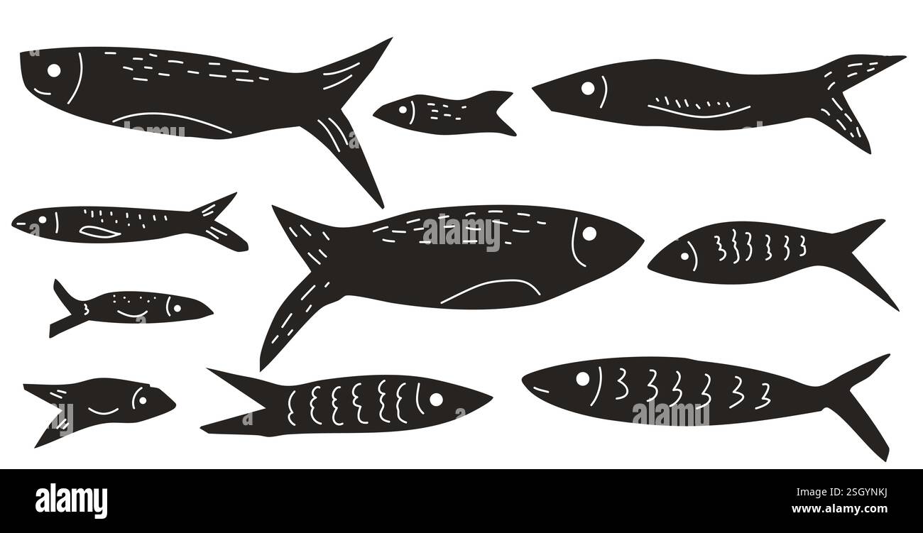 Fischset. Sardinen Schulkollektion. Lachssilhouetten. Unterwassertiere. Vektor Hand gezeichnete Linolschnitt Collage Elemente Illustration. Stock Vektor