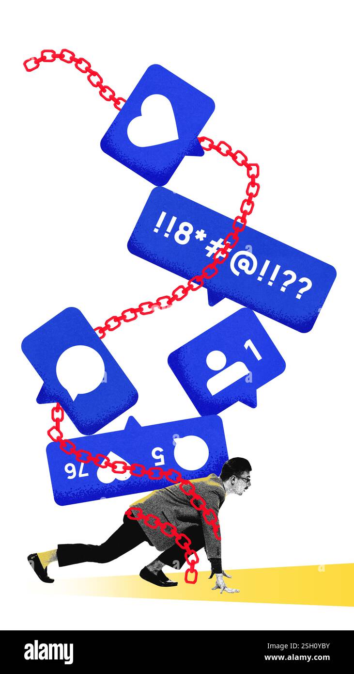 Kreatives Kunstwerk. Der Mensch klettert wie ein Symbol auf die großen sozialen Medien, gebunden durch Ketten, streckt nach mehr Aufmerksamkeit, steckt aber in endloser Schleife fest, die Zustimmung wünscht. Stockfoto