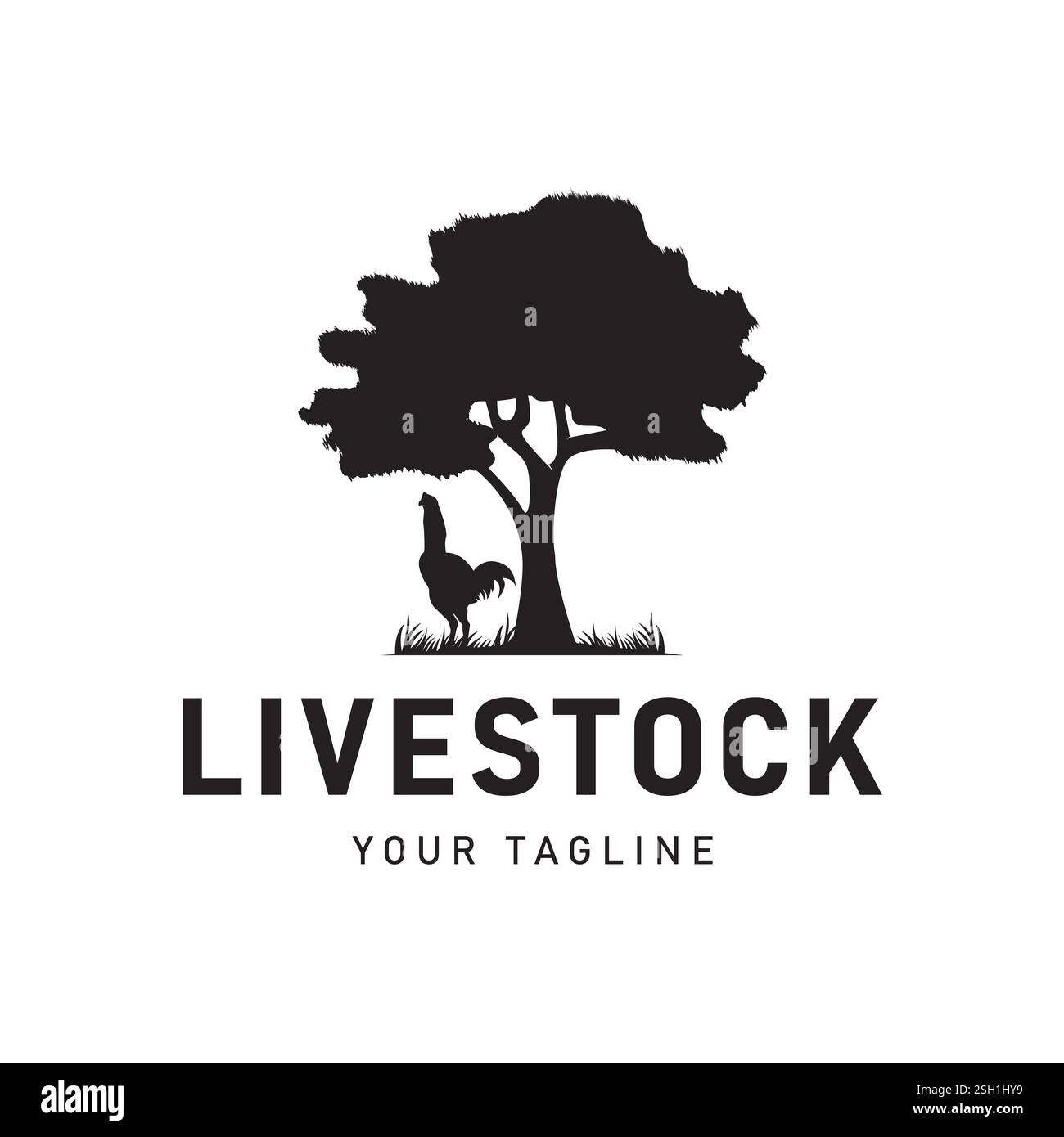 Vintage Farm Logo mit Hahn Silhouette und Baum Illustration Design Stock Vektor
