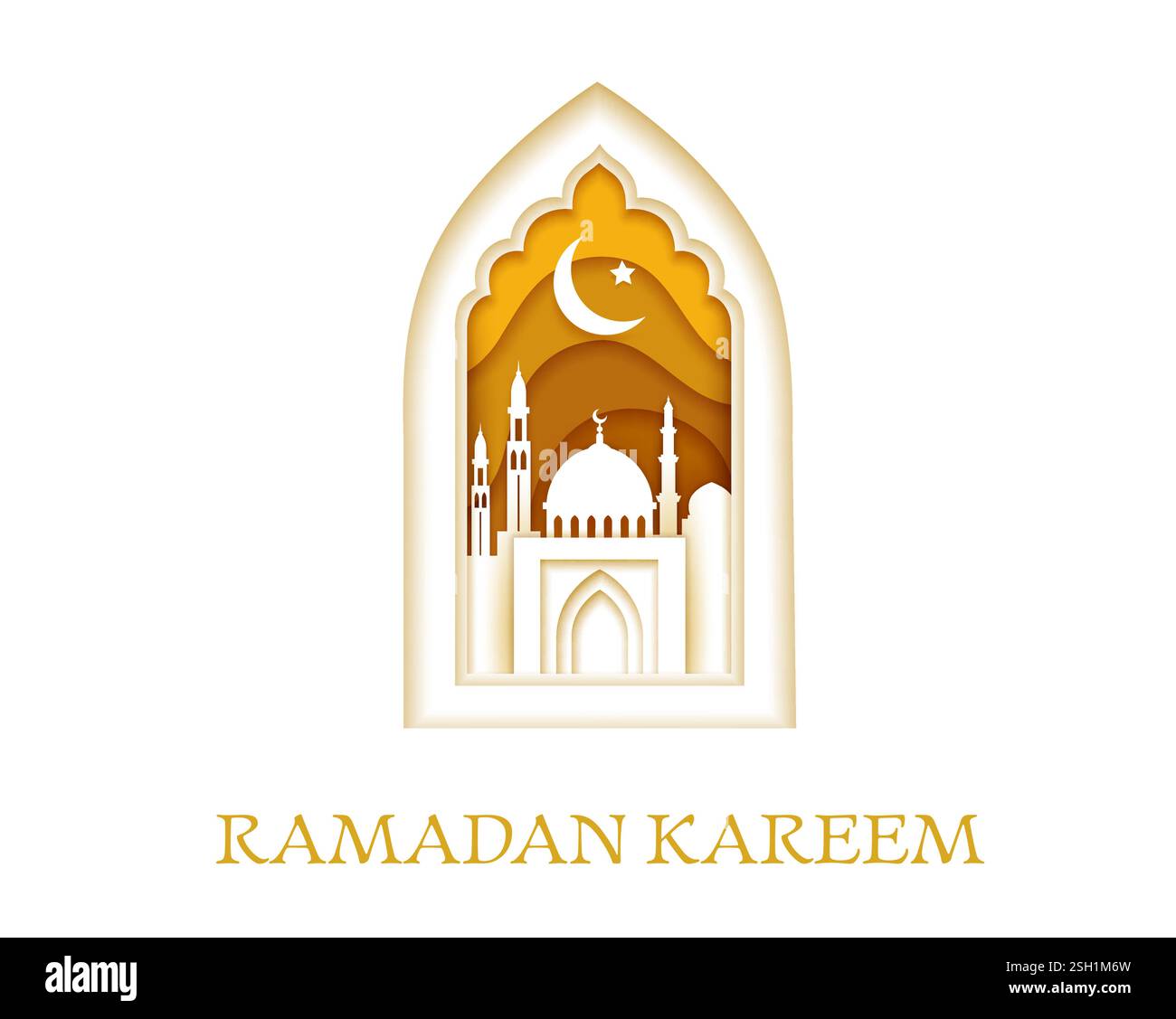 Papiergeschnittene Ramadan Kareem-Grüße, goldene muslimische Moschee, Mond und Sternvektor 3D-Karte des Islam Religion Feiertags. Papercut-Rahmen für das Fenster in der Moschee mit AR Stock Vektor