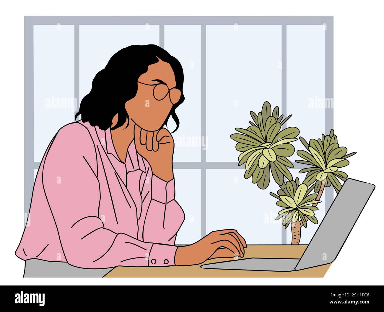 Eine junge Geschäftsfrau sitzt am Schreibtisch im Büro Stock Vektor