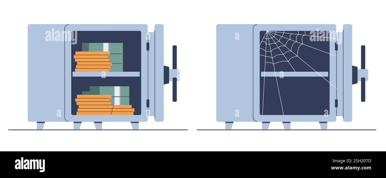 Zwei Safes mit Geld und ein leerer. Münzen stapeln und Dollar-Bargeld in Metallbehältern, Finanzeinsparungen, Währungseinsparungen. Cartoon Flat Style isoliert Stock Vektor
