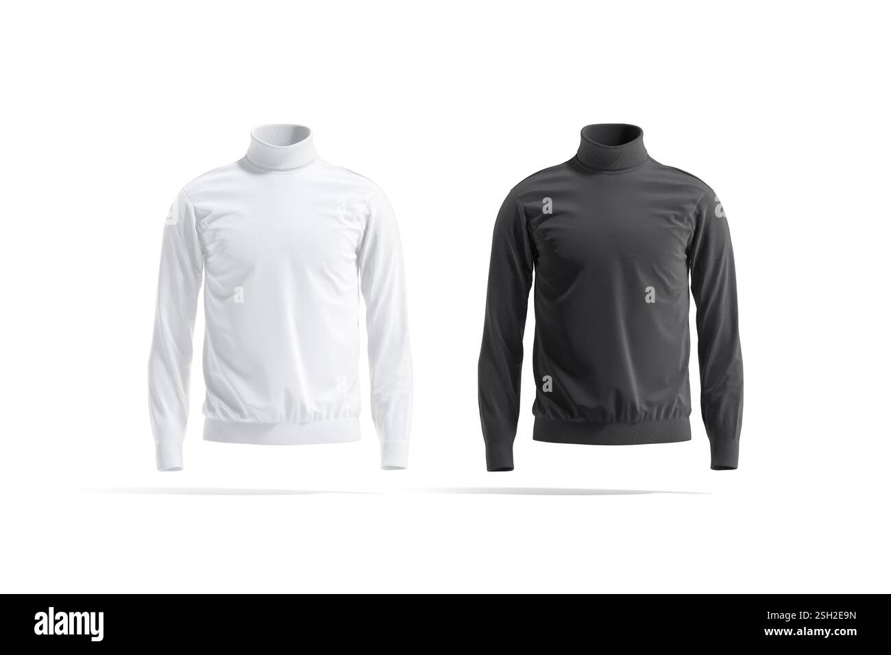 Leeres schwarzes und weißes Modell mit Rollkragenpullover, Vorderansicht, 3D-Rendering. Leerer, warmer Winterpullover mit umgeklapptem, hochausgeschnittenem Muster, isoliert. Löschen Sie b Stockfoto