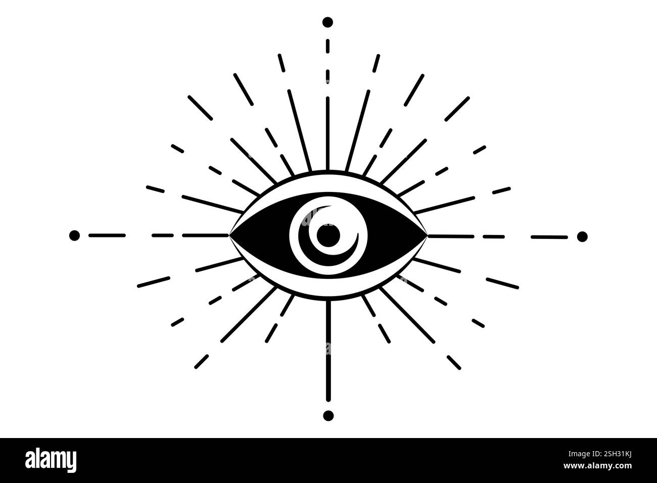 Auge der Vorsehung. Freimaurersymbol. Alle sehenden Augen, mystische heilige Logo-Ikone im Boho-Stil, Vektor-Halbmond, schwarzes Tattoo Design Alchemie Element Stock Vektor
