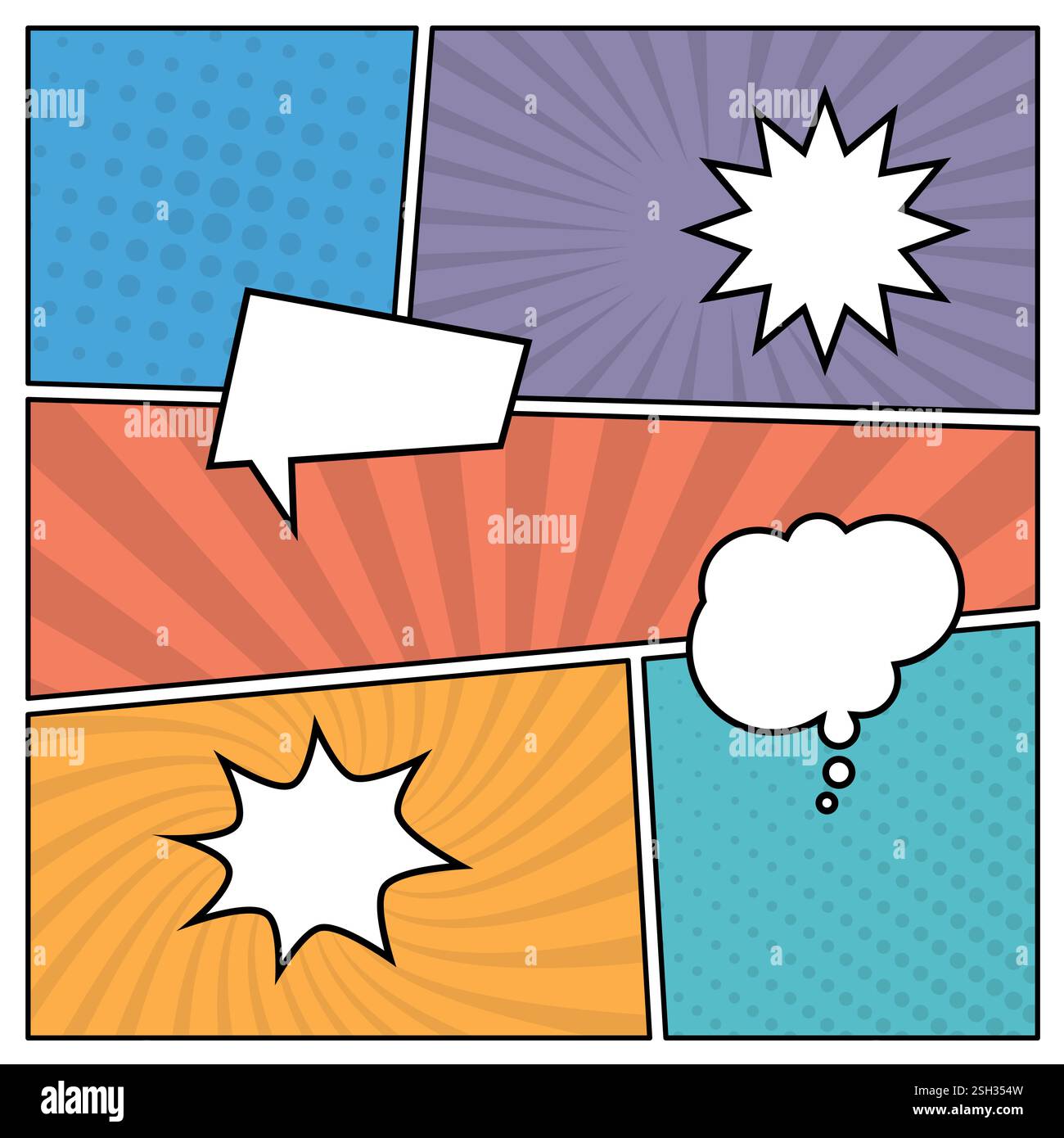 Farbenfroher Hintergrund der Comic-Seite im Pop-Art-Stil mit leeren Sprechblasen. Vorlage mit Rays- und Punktmuster. Vektorabbildung Stock Vektor