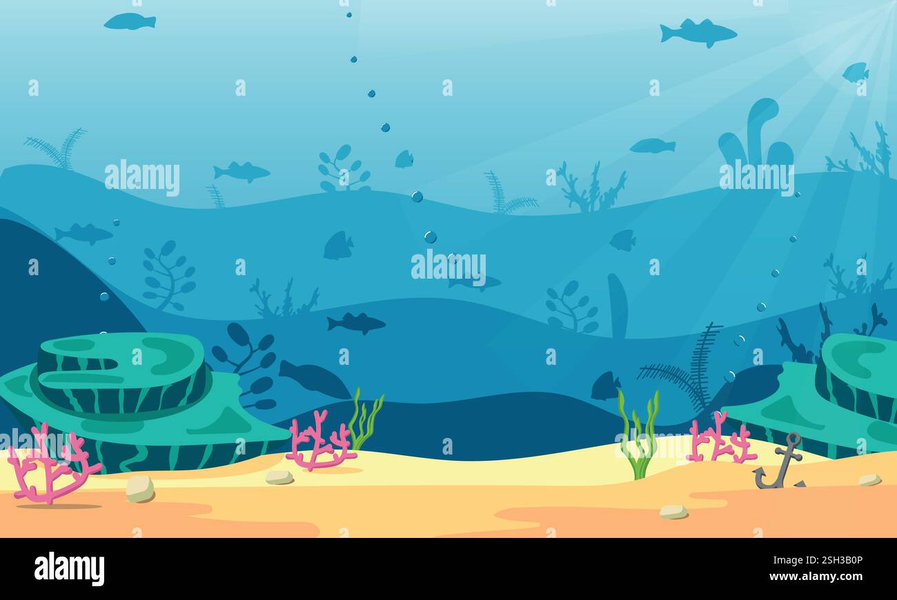 Farbenfrohe Unterwasserlandschaft, Silhouettenschichten von Fischen und Riffen, tiefblaues Meer oder Meereslandschaft mit Kopierraum Stock Vektor