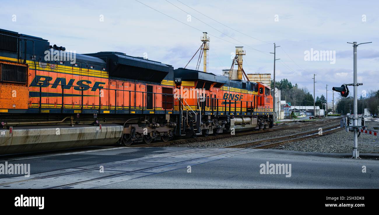 Monroe, WA, USA – 7. Februar 2025; Swoosh-Markenlogo auf BNSF-Diesellokomotiven in Nahaufnahme Stockfoto