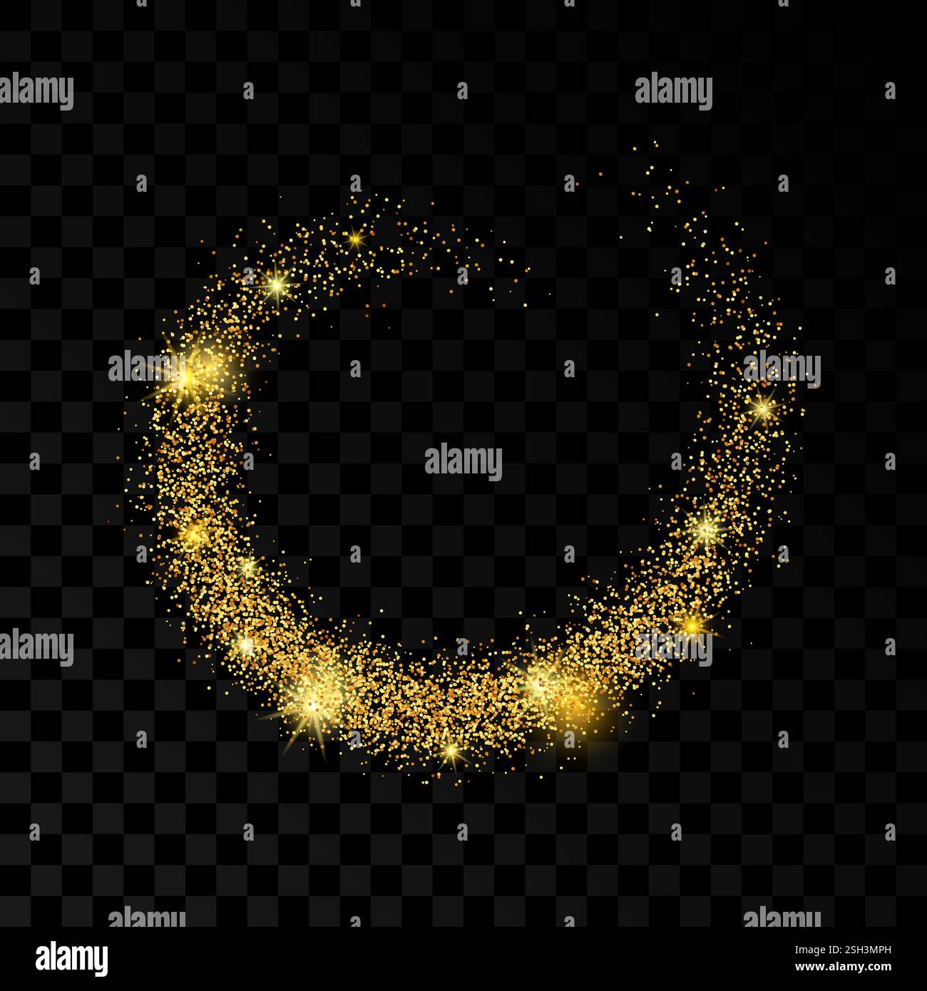 Lichtwelle mit goldenem Glitzereffekt auf dunklem transparentem Hintergrund. Abstrakte Wirbellinien. Vektorabbildung Stock Vektor