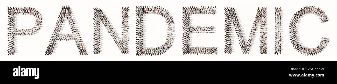 Konzept konzeptionelle große Gemeinschaft von Menschen, die die PANDEMIE-Botschaft bilden. 3D-Illustrationsmetapher für die globale Übertragung des Coronavirus, Kontaminat Stockfoto