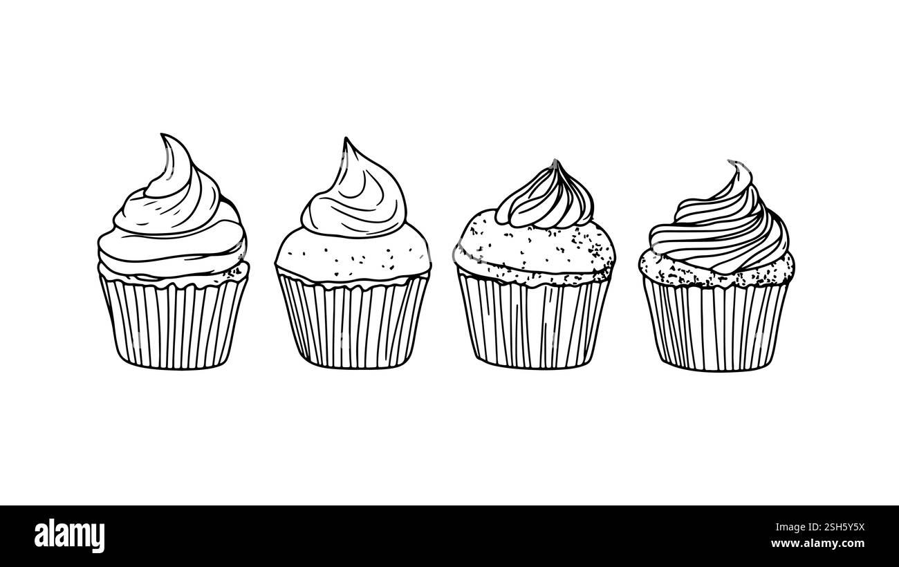 Illustration der Cupcakes-Linie. Kuchen haben unterschiedliche Zuckerguss-Designs. Perfekt für Bäckereimenüs oder Dessertmotive. Schwarze Umrisse auf Normalpapier Stock Vektor