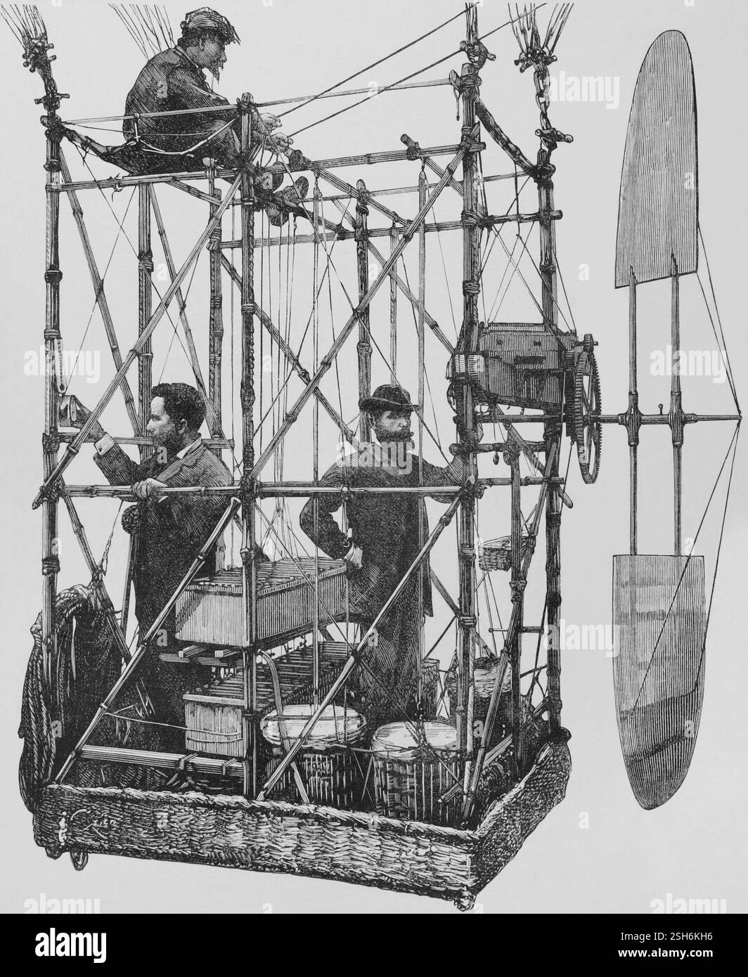 Gaston Tissandier (1843-1899). Französischer Aeronaut und Wissenschaftskommunikator. Albert-Charles Tissandier (1839-1906). Französischer Architekt, Aeronaut, Verleger und Archäologe. 1881 machten die Brüder Tissandier den weltweit ersten elektrischen Flug auf einer Elektrizitätsmesse, indem sie einen elektrischen Siemens-Motor in ein Luftschiff einbauten. Nach ihren ersten Flugversuchen bauten sie ein Großmodell, das sie ausstellten, für das Albert die Pläne entwarf. Das erste mit Elektromotor betriebene Luftschiff fand am 8. Oktober 1883 in Auteuil, einem Vorort von Paris (Frankreich) statt. Eine zweite erfolgreiche Attemp Stockfoto