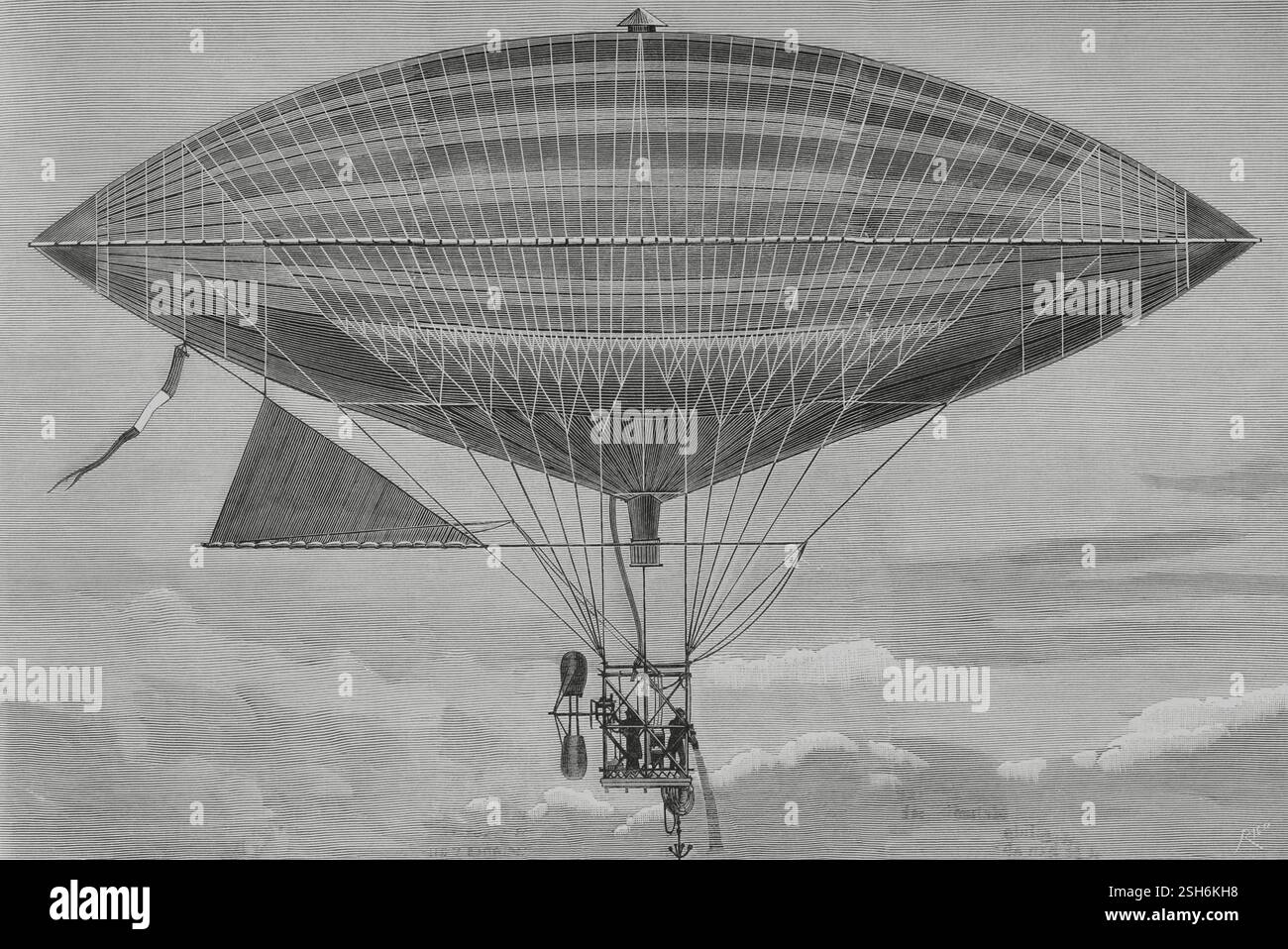 Gaston Tissandier (1843-1899). Französischer Aeronaut und Wissenschaftskommunikator. Albert-Charles Tissandier (1839-1906). Französischer Architekt, Aeronaut, Verleger und Archäologe. 1881 machten die Brüder Tissandier den weltweit ersten elektrischen Flug auf einer Elektrizitätsausstellung, indem sie einen Elektromotor in ein Luftschiff einbauten. Nach ihren ersten Flugversuchen bauten sie ein Großmodell, das sie ausstellten, für das Albert die Pläne entwarf. Das Luftschiff war 28 Meter lang und in seiner Mitte über 9 Meter Durchmesser. Das erste mit Elektromotor angetriebene Luftschiff fand am 8. Oktober 1883 statt Stockfoto