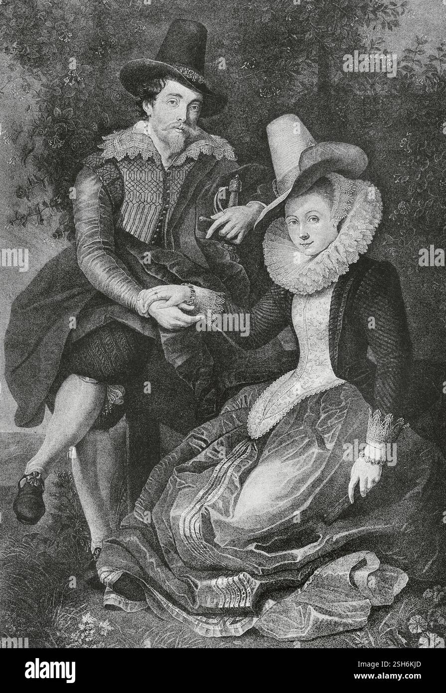 Peter Paul Rubens (1577-1640). Flämischer Barockmaler. Gravur nach einem Gemälde von Rubens mit dem Titel „Selbstporträt mit seiner Frau Elizabeth Brant“, 1609, im ersten Jahr der Ehe. Die spanische und amerikanische Illustration (La Ilustración Española y Americana), 1884. Stockfoto