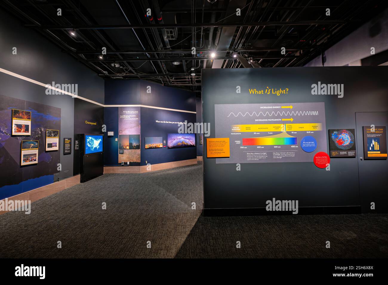 Smithsonian Naturhistorisches Museum in Washington DC | WASHINGTON — Eine Wandtafel mit dem Titel „Was ist Licht?“ erklärt das elektromagnetische Spektrum in der Ausstellung „Lichter aus: Unsere Nachthimmel zurückgewinnen“ im Smithsonian’s National Museum of Natural History in Washington, D.C. In der Nähe zeigen Ausstellungsstücke die globale Lichtverschmutzung mithilfe von Satellitenbildern, Teil einer Ausstellung über die Auswirkungen von Kunstlicht auf den Nachthimmel und nachtaktive Ökosysteme. Das Museum befindet sich an der Nordseite des National Mall an der 10th Street und Constitution Avenue NW. Stockfoto